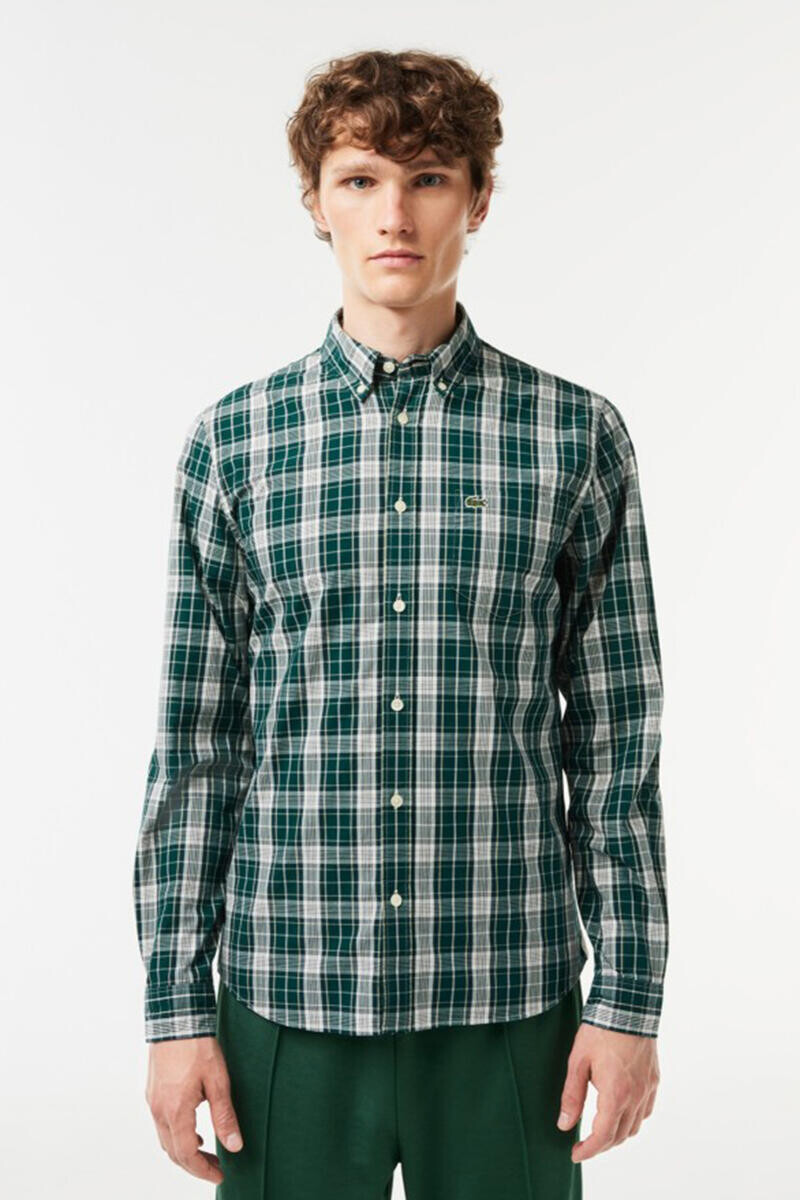 Мужская эластичная рубашка с клетчатым принтом Lacoste, зеленый — фото 2
