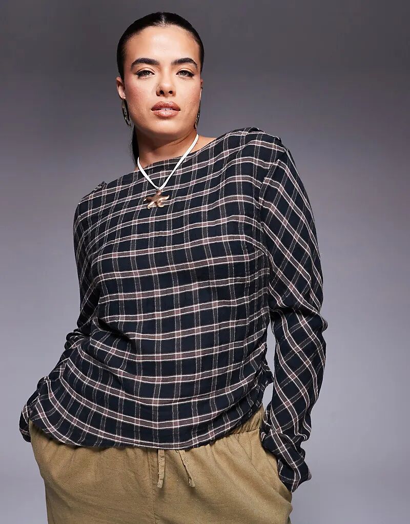 

Топ ASOS DESIGN Curve с разрезом по горловине, длинными рукавами и сборками в клетку Asos Curve
