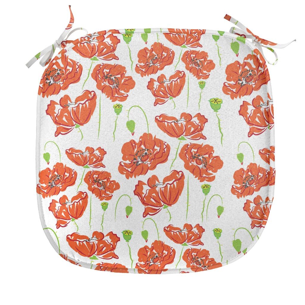 

ABAKUHAUS Подушка Anemone для обеденных стульев, Doodle Poppies, декоративная водонепроницаемая подушка с ремнями для кухонных сидений, 40 см x 40 см, оранжево-белый лаймово-зеленый
