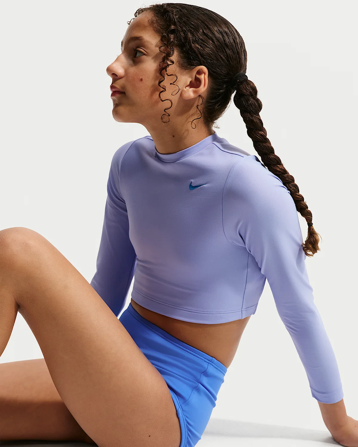 Детский (девочки) длинный рукав кроп-топ и высокая талия сет Nike Swim Effortless Essential, Light Thistle — фото 4
