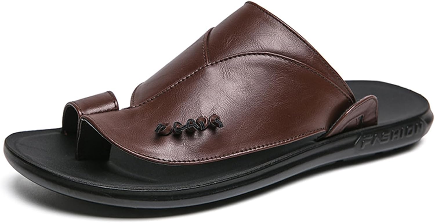 

Мужские кожаные пляжные шлепанцы с круглым носком, удобные с застежкой на пальце, повседневные шлепанцы для лета, повседневного носки и отдыха Bangteuo, коричневый