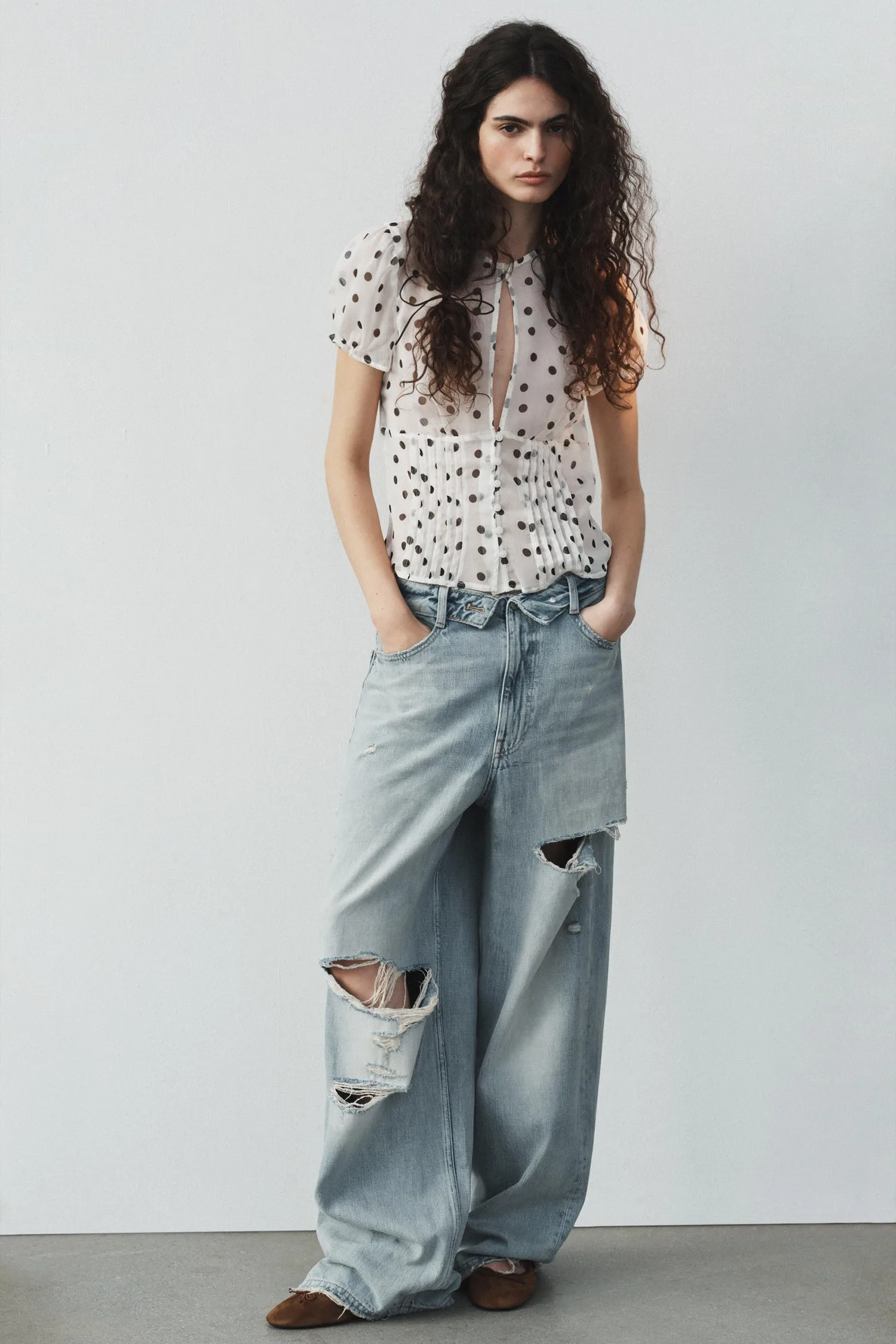 Джинсы  Zara Trf Folded Waist Mid-waist, светло-голубой — фото 2