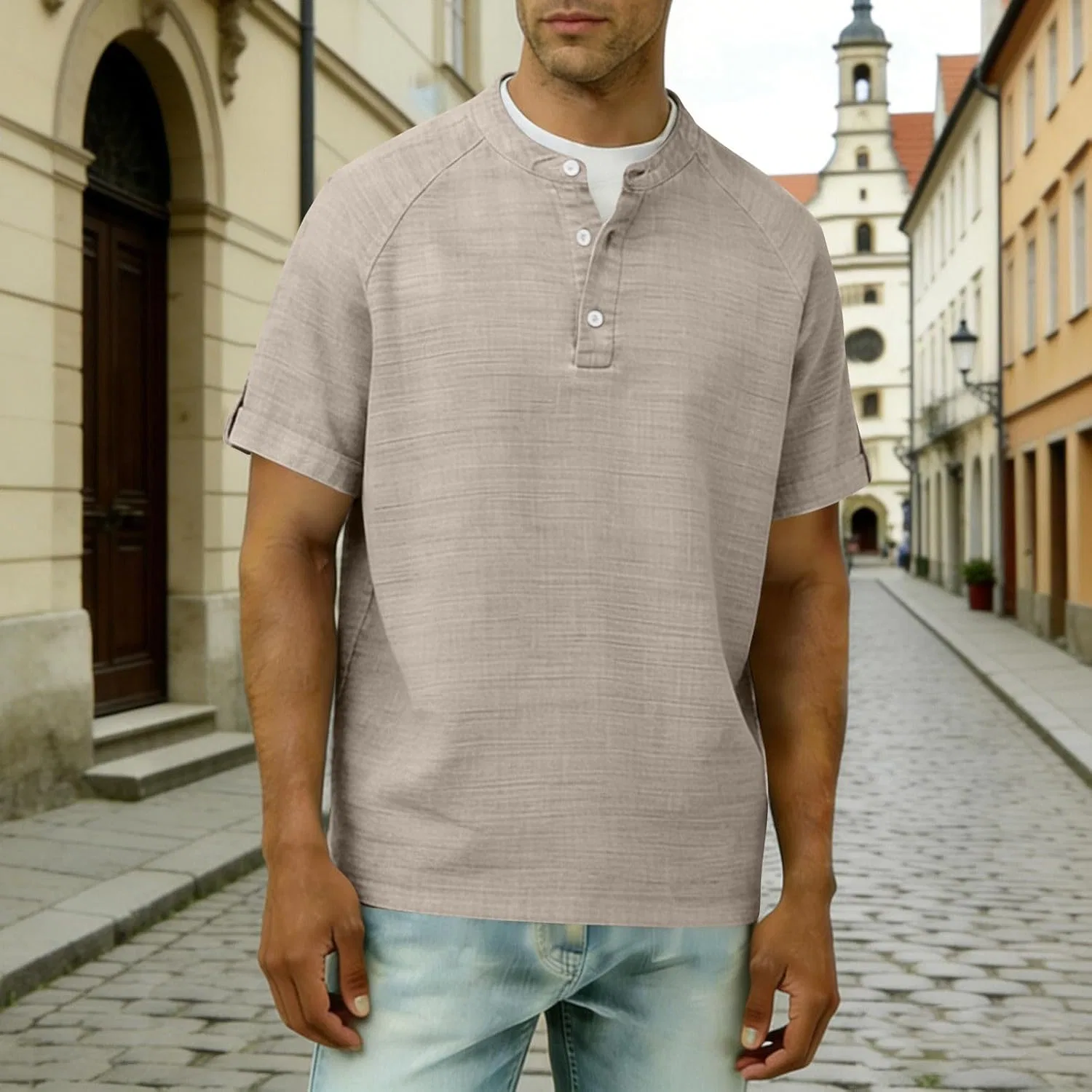 Футболка с воротником-поло из хлопка и льна, бренд Generic, цвет Khaki — фото 3