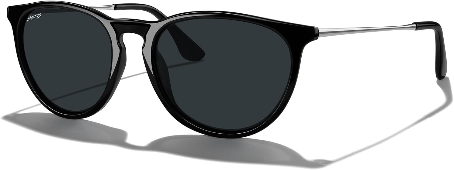 

Винтажные поляризованные солнцезащитные очки MERRY'S для женщин и мужчин, ретро-стиль, круглые зеркальные линзы, защита от ультрафиолета UV400, Black Frame/Black Lens/Silver Legs