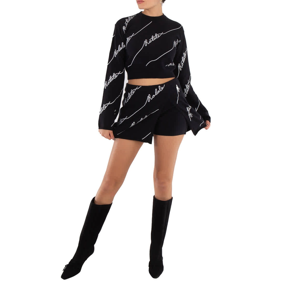 

Поворот Женская черная пайетки лого мини-юбка Rotate