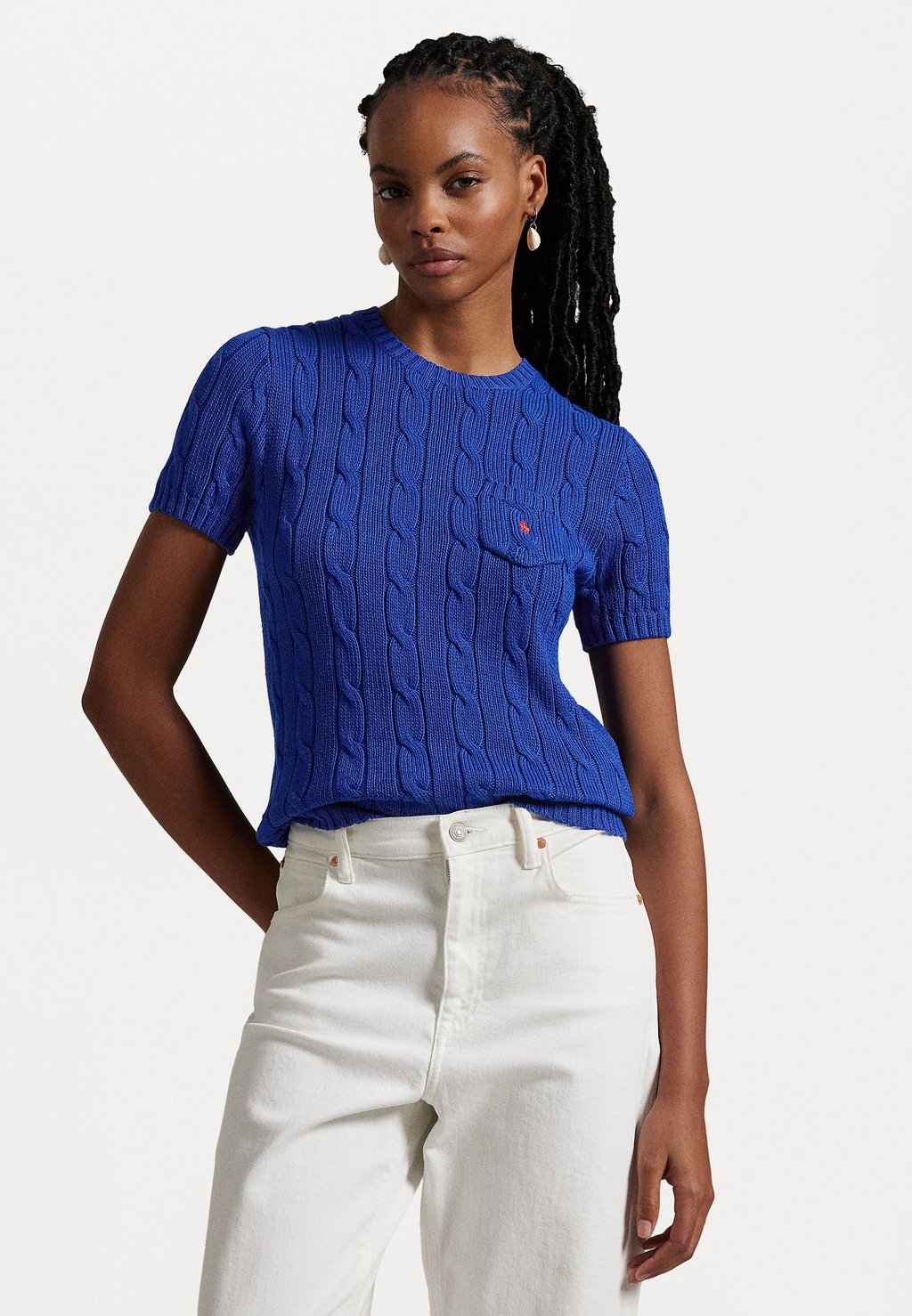 

Базовая футболка Cable Knit Cotton Short Sleeve Sweater Polo Ralph Lauren, синий