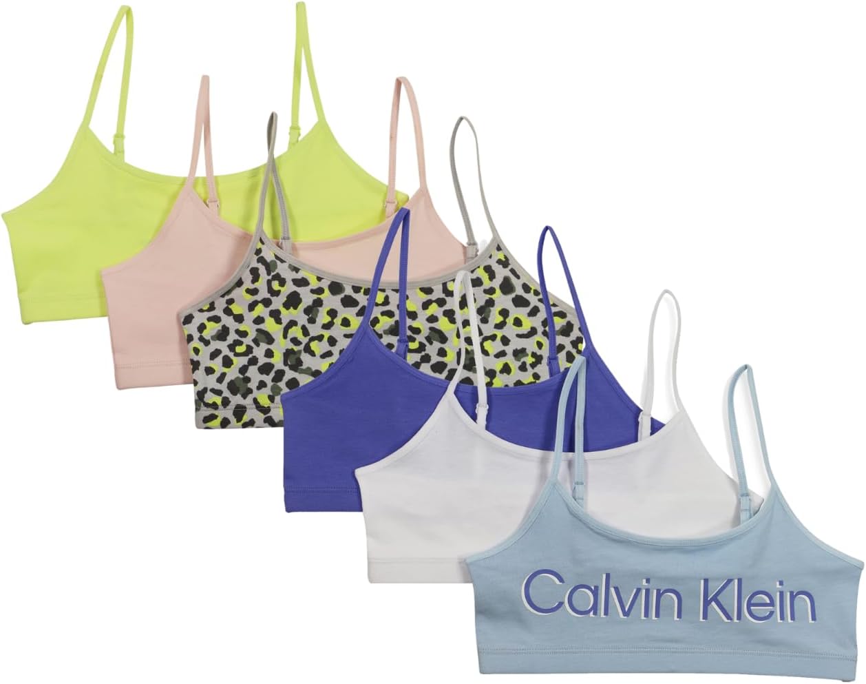 

Хлопковый спортивный бюстгальтер-бралетт Calvin Klein для девочек с регулируемыми бретельками, упаковка из 2 шт., Empryrean Blue / Lunar Leo / Sunny Lime / Crystal Pink