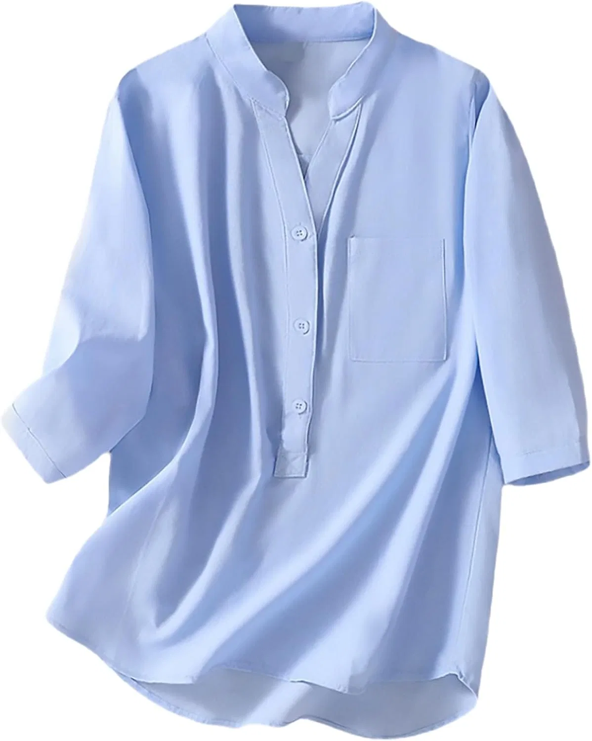 Блуза из хлопка и льна, свободная, с отложным воротником, синий