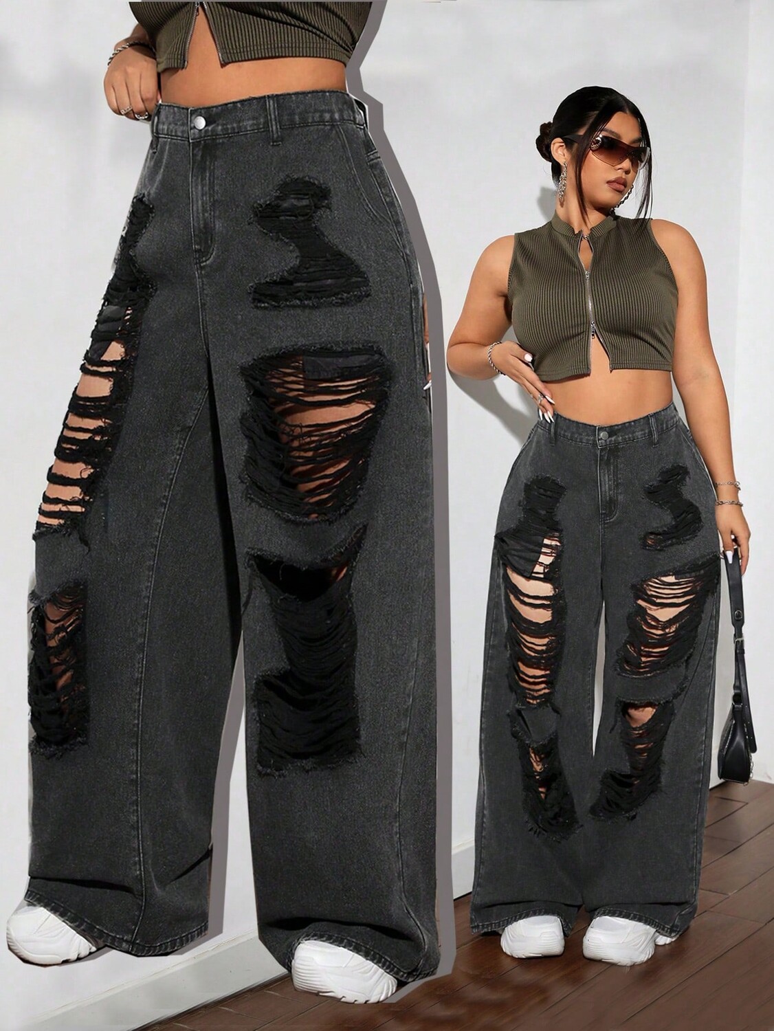 

ICON Черные джинсы Большие размеры Повседневные джинсы Уличные сексуальные модные крутые рваные свободные широкие брюки Shein, черный