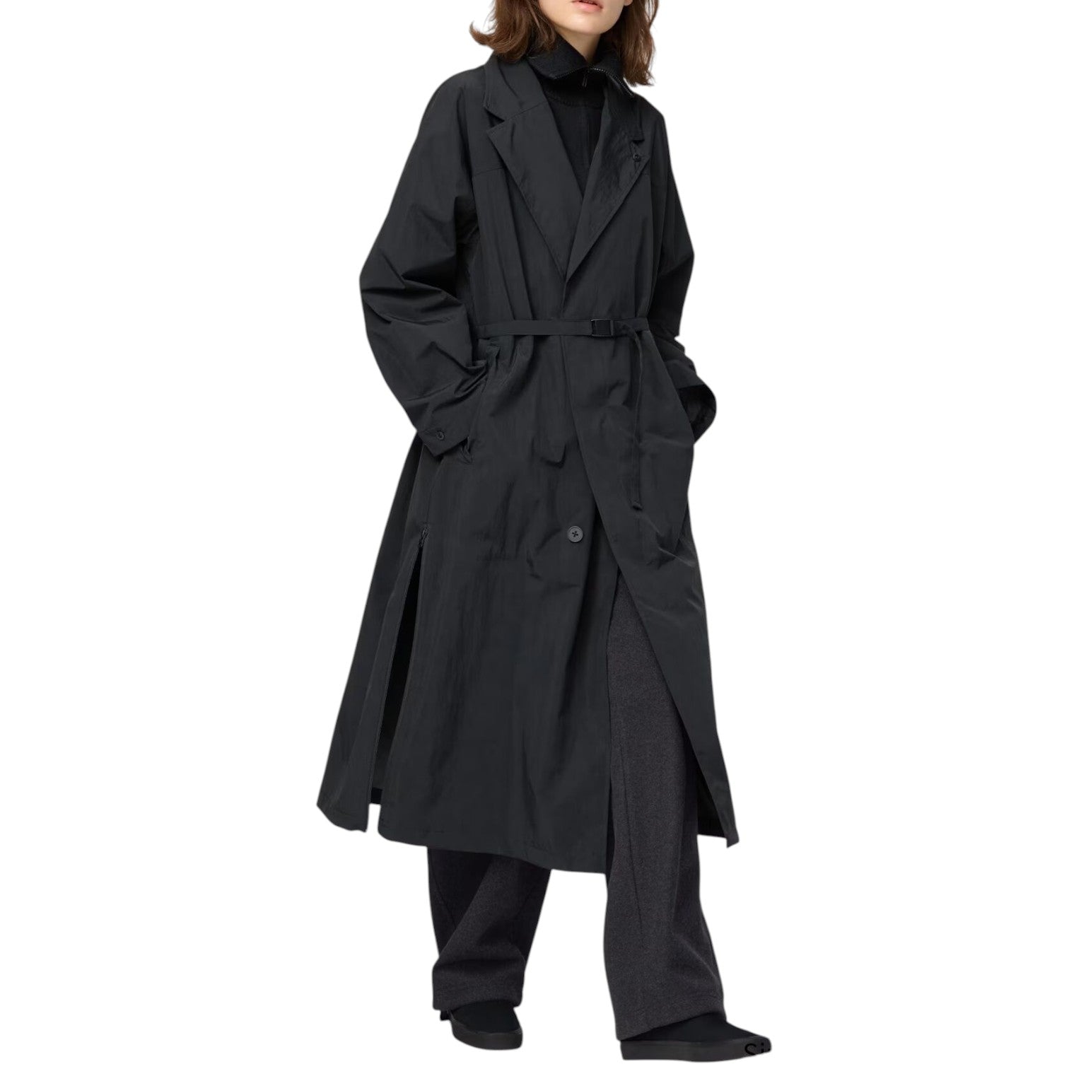 (WMNS) Длинное однобортное пальто Uniqlo , черный