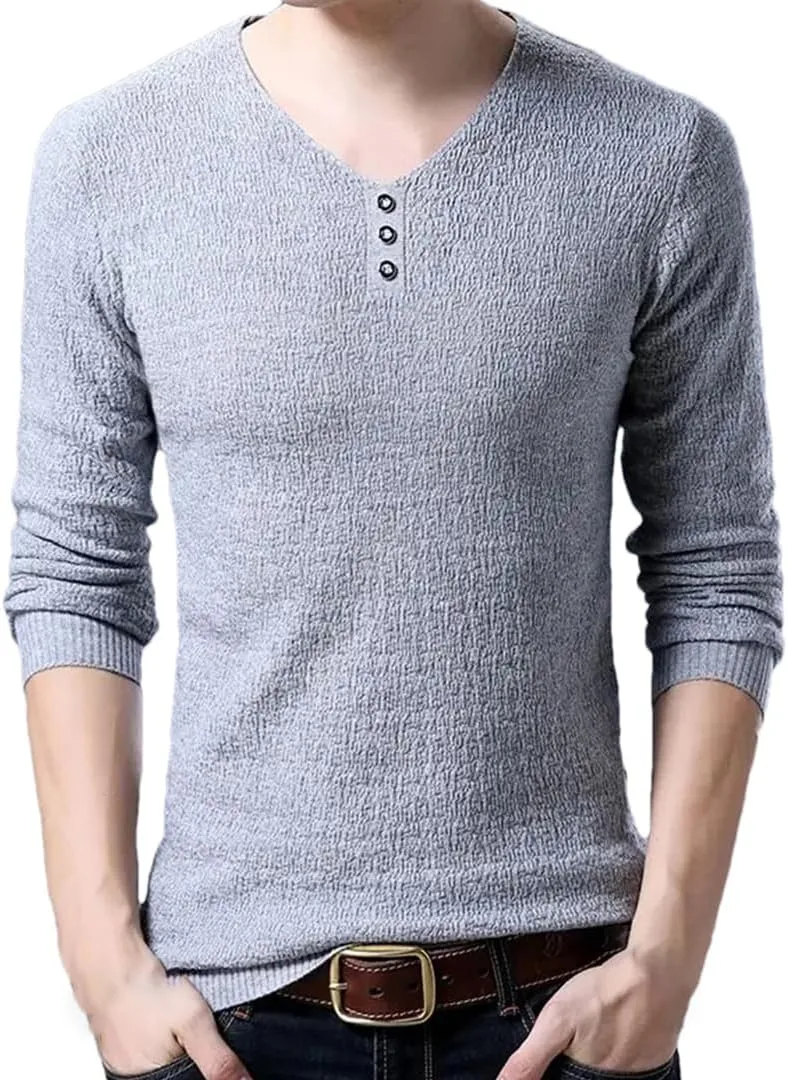 Мужской вязаный свитер с V-образным вырезом и пуговицами Slim Fit