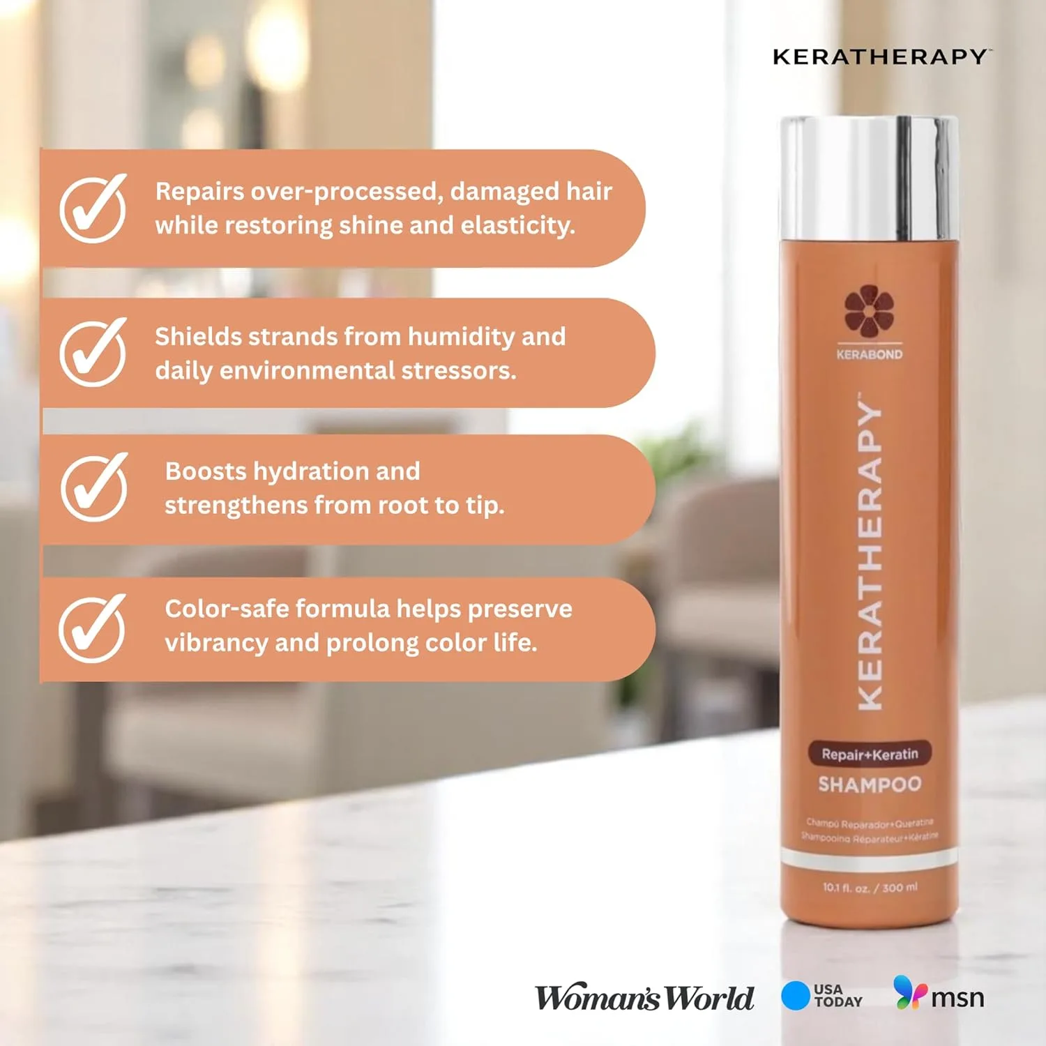 Шампунь KERATHERAPY Keratin FIXX Repair с кератином, восстанавливающий шампунь для сухих, поврежденных или вьющихся волос с экстрактом икры, прозрачный, 300 мл (.) (Внешний вид может отличаться) — фото 3