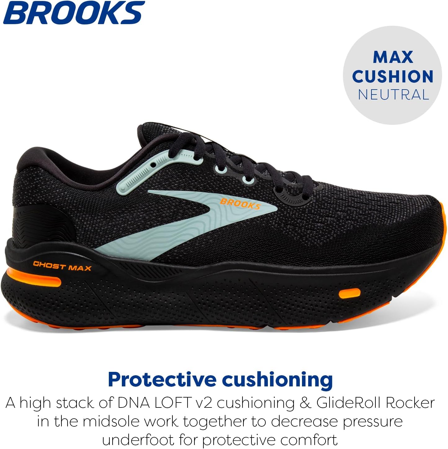 Мужские кроссовки Brooks Ghost Max Cushion для бега и ходьбы, нейтральная посадка, черный/оранжевый/голубой — фото 2