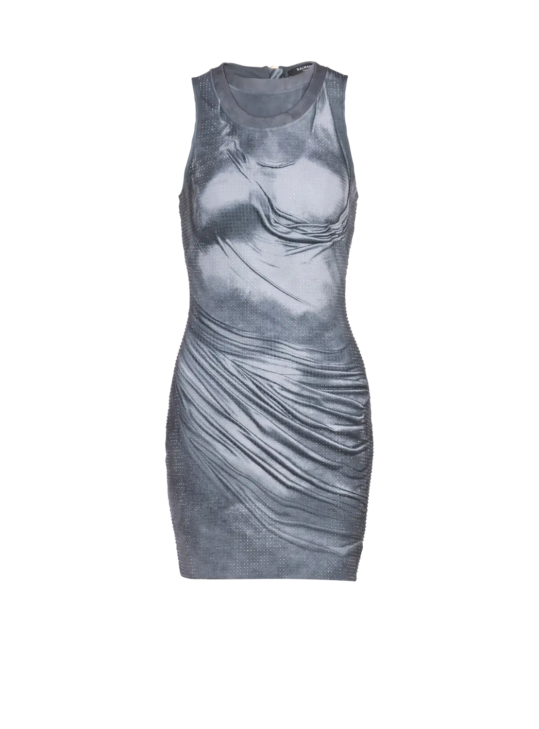 

Платье на бретелях-халтер с драпировкой и стразами в стиле "тромп-лей" Balmain, серый
