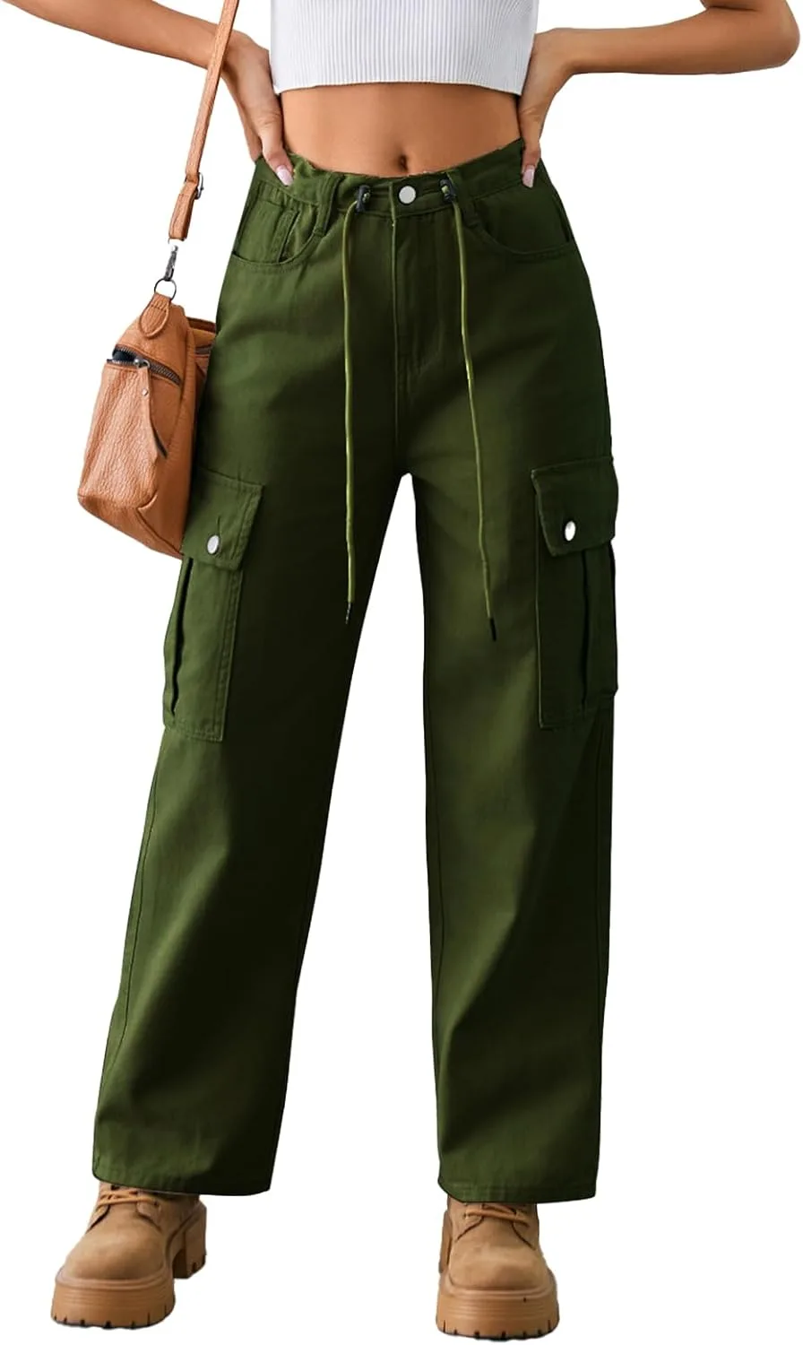 

Женские карго джинсы baggy straight wide leg с высокой талией и регулируемым поясом