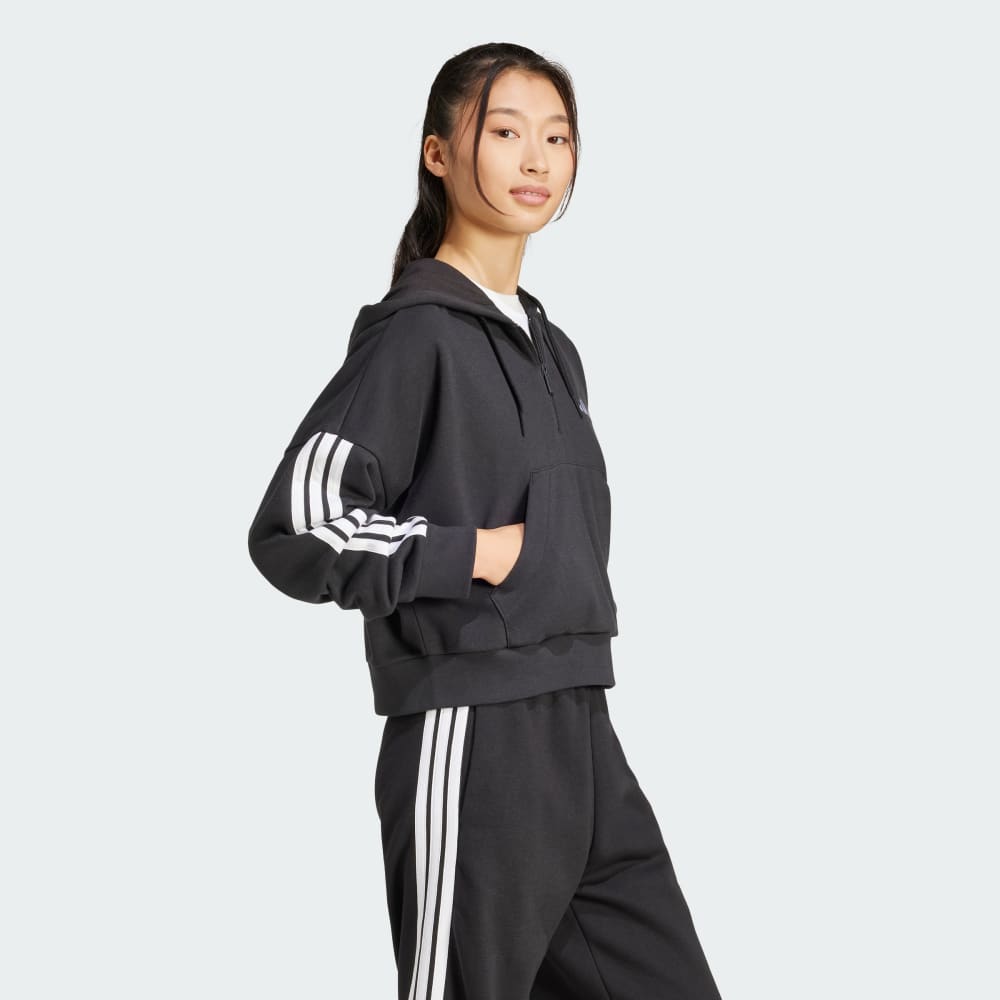 Спортивная толстовка Adidas Essentials 3-Stripes French Terry Quarter-Zip Hoodie, черный/белый — фото 3