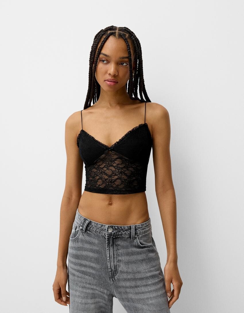 

Кружевной топ с бретелями Bershka, черный
