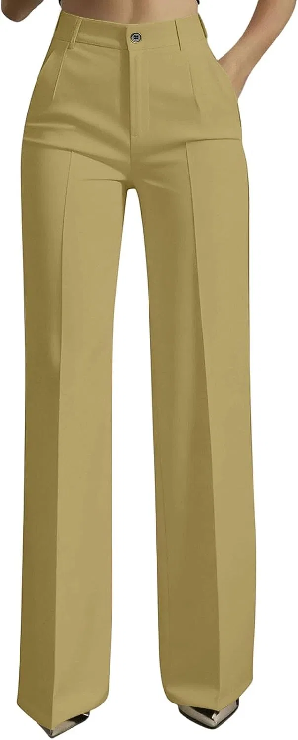 Женские брюки прямого кроя, высокая талия, с карманами, Generic, Khaki
