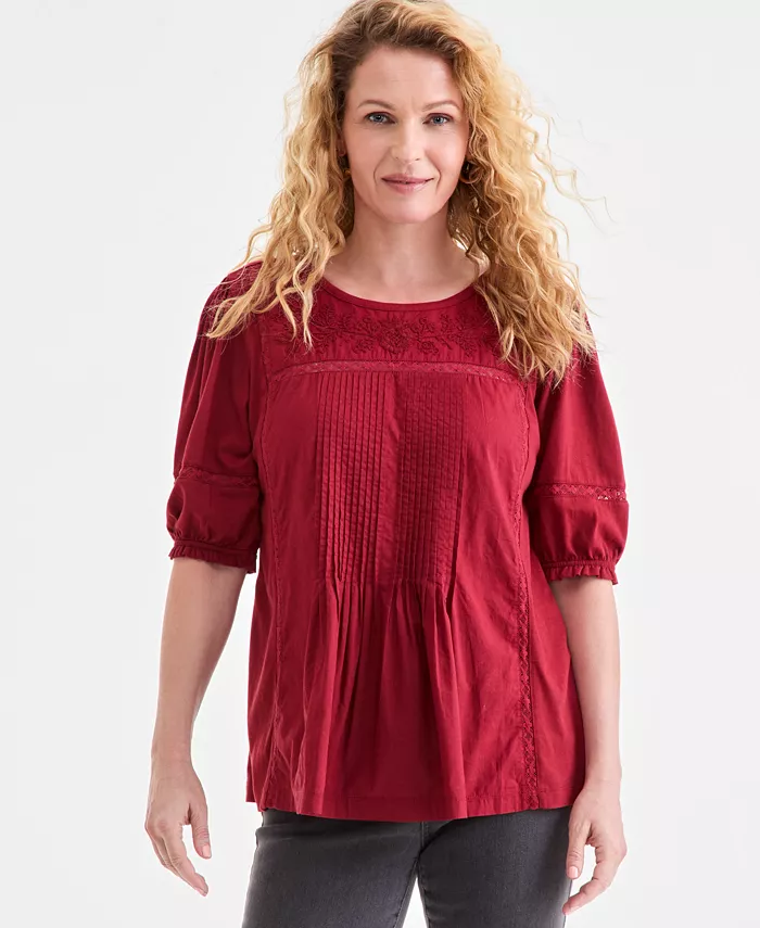 

Женская блузка с кружевной отделкой и рукавом три четверти Style & Co, красный