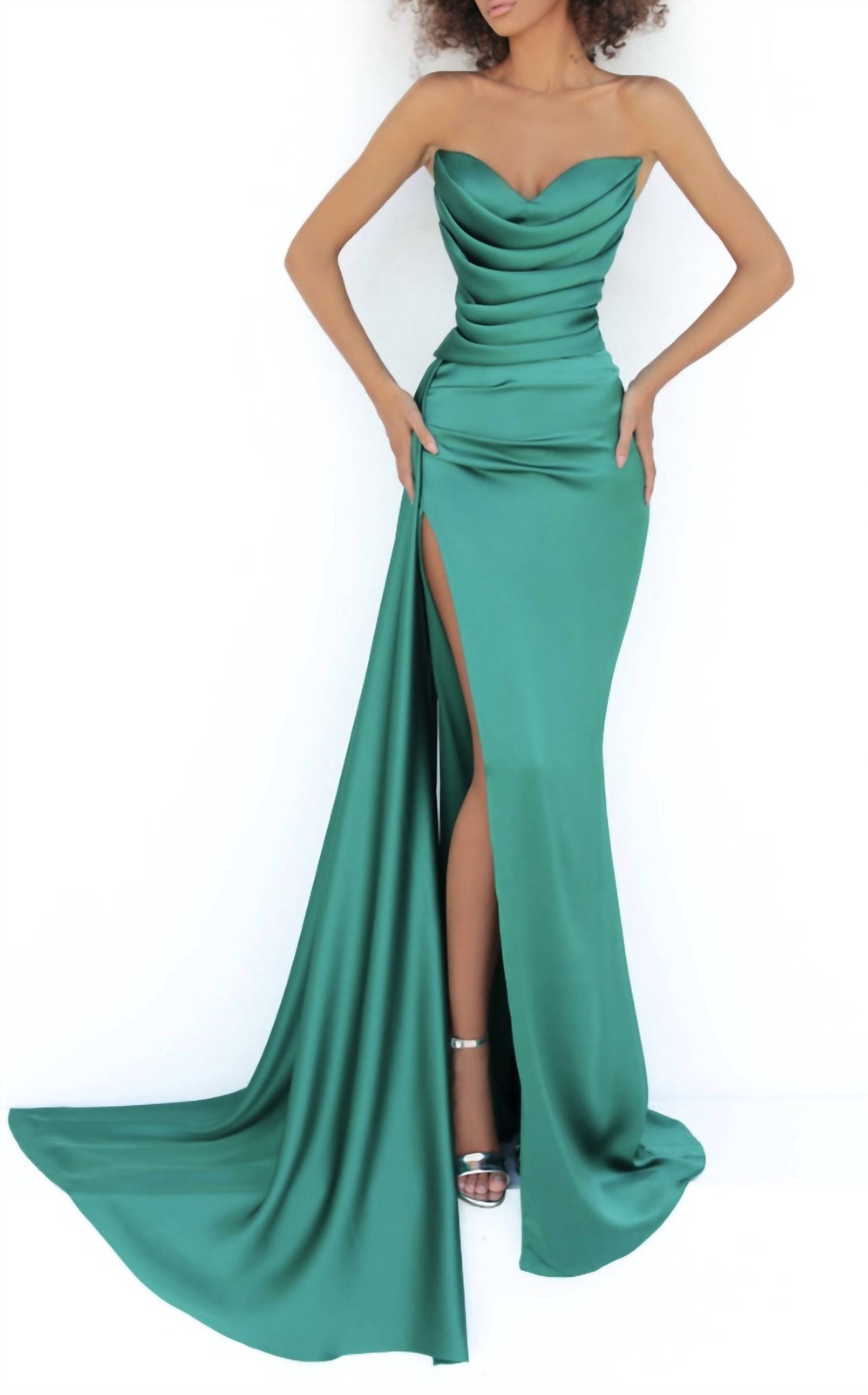 

Tarik Ediz Платье без бретелей с разрезом, зеленое