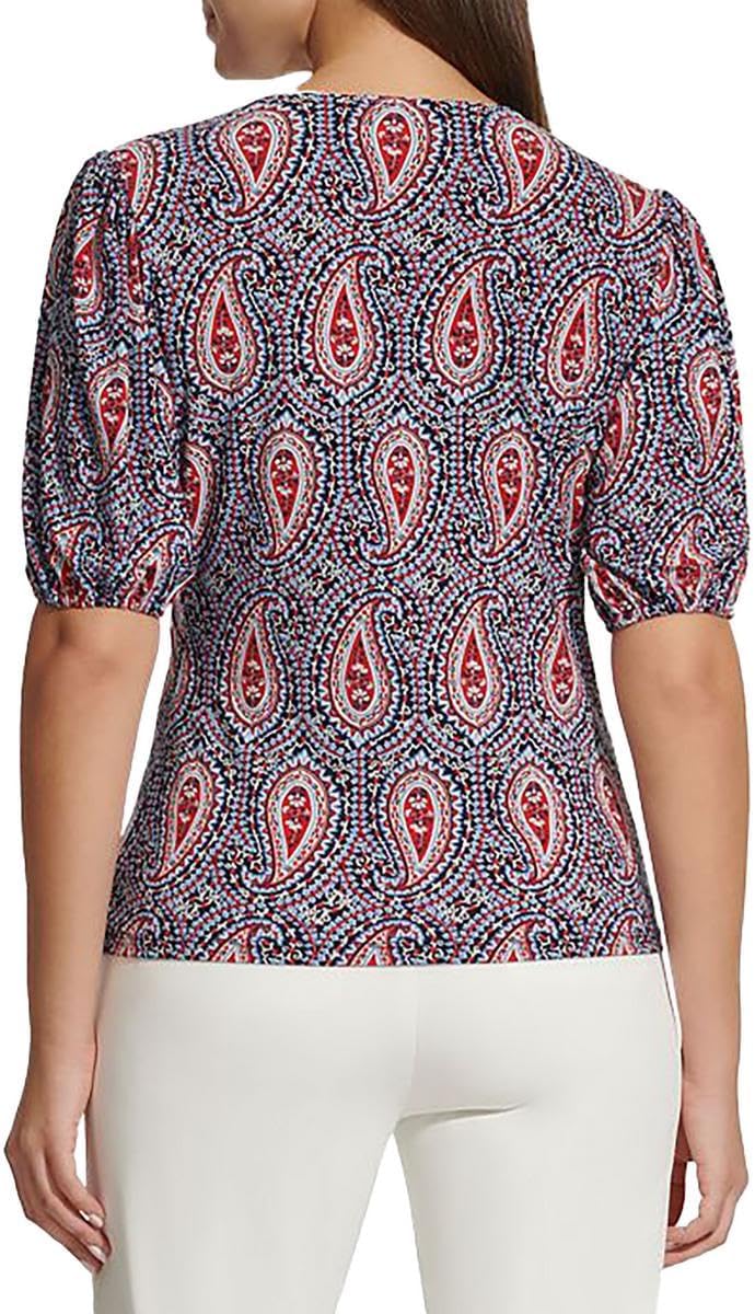 Женский топ Tommy Hilfiger с короткими рукавами и присборенным узором пейсли, Midnight/Risk Red — фото 2