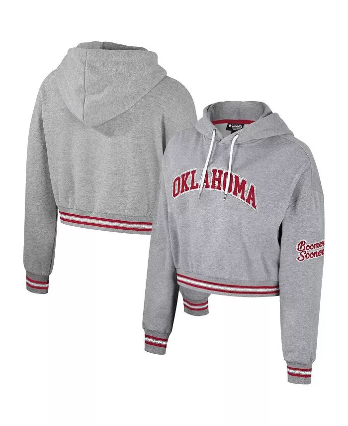 

Женский укороченный толстовка с капюшоном Oklahoma Sooners цвета серого меланжа с потертостями и блестками The Wild Collective