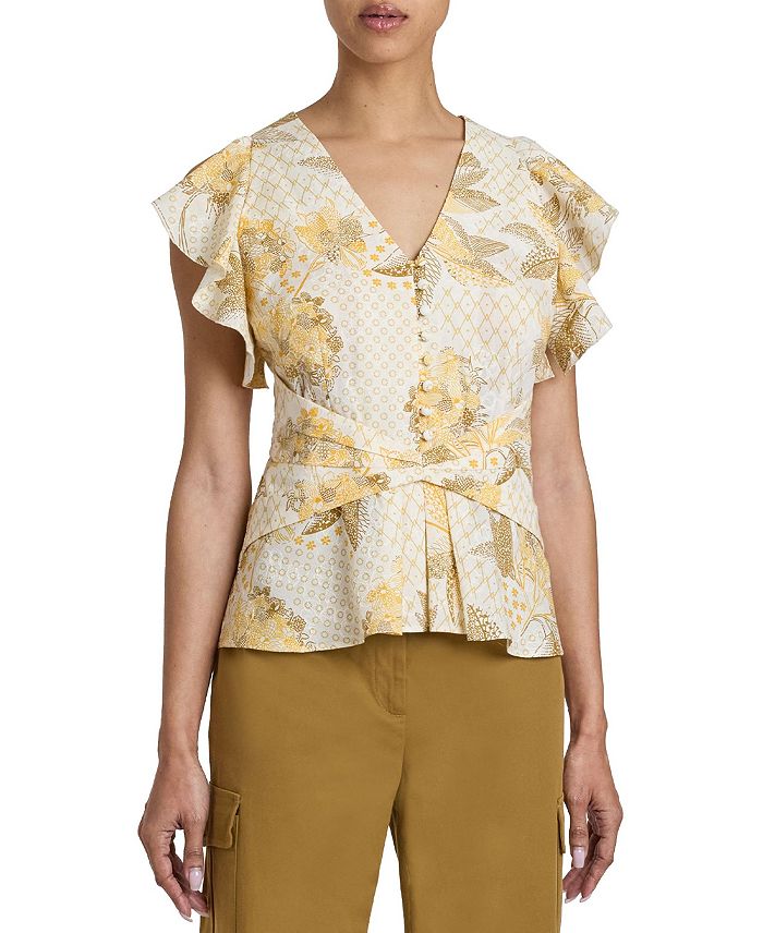 

ELLA Блуза с воланами на рукавах и поясной вставкой из цветочного хлопкового клоке Santorelli, желтый