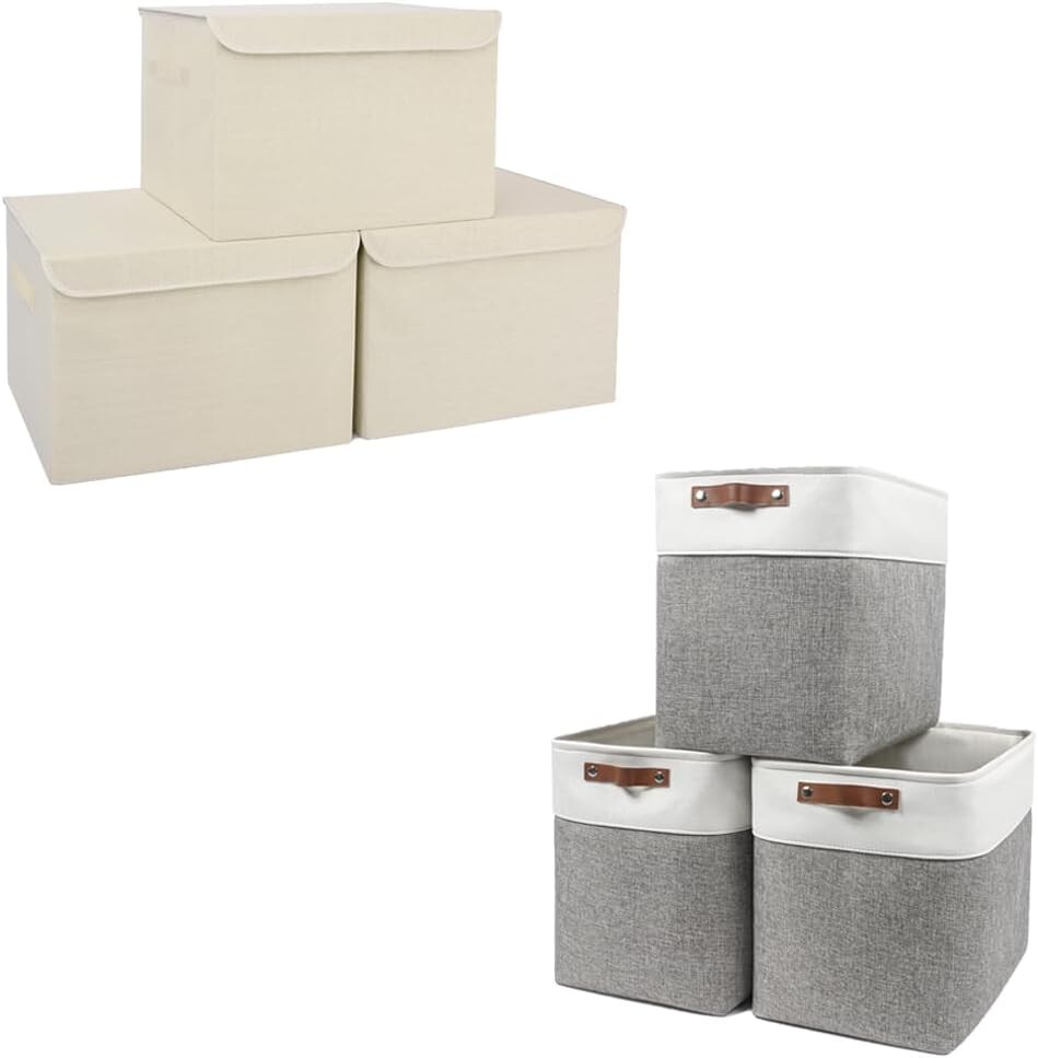 

Тканевый ящик для хранения с крышками 16,7 x 12 x 12 [3 упаковки] + корзина для хранения белья 17 x 12 x 15 [3 упаковки] (бежевый и серый) Bagnizer