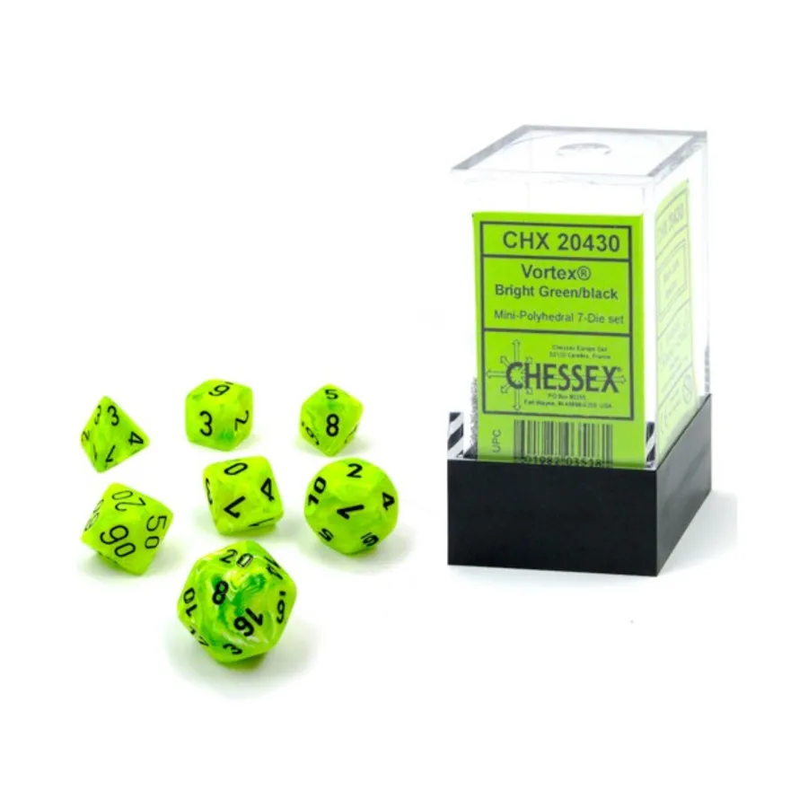 

Набор Mini Poly — Vortex ярко-зеленый с черным (7), Dice - Miniature 10mm & 5mm (Chessex)