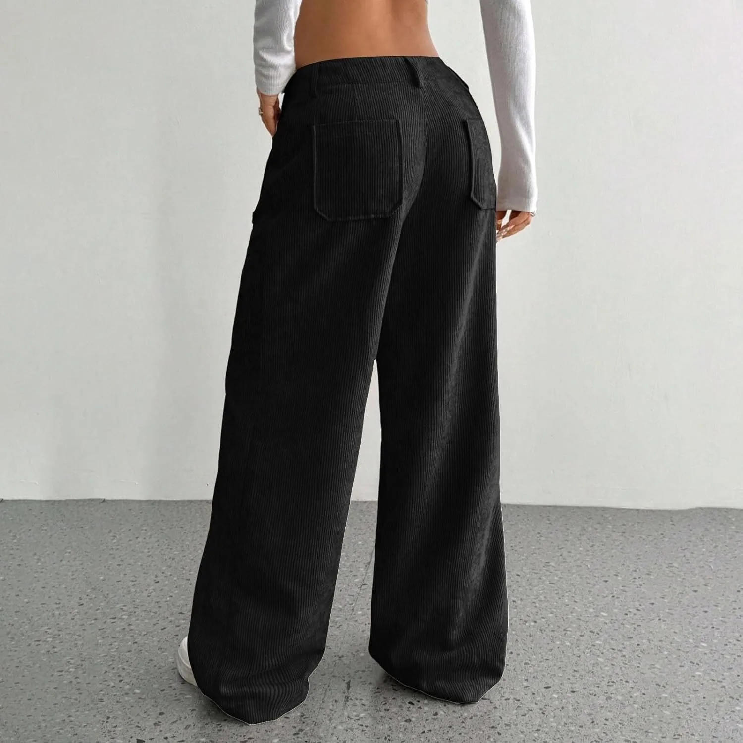 Кордюровые брюки для женщин Wide Leg с высокой талией, мешковатые, удобные джоггеры с карманами, Casual, расслабленный крой Generic, черный — фото 4