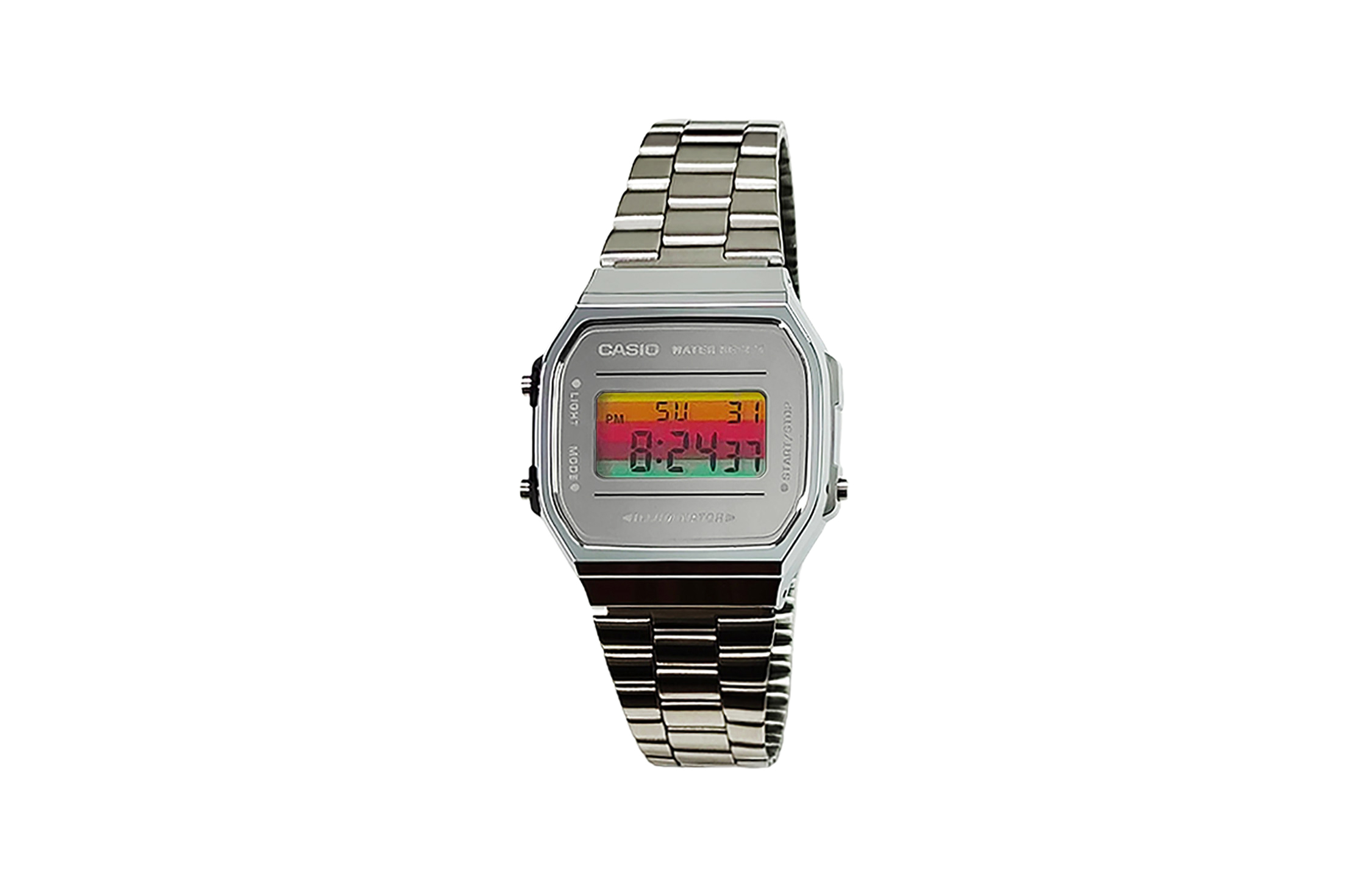 

CASIO Часы Retrofit Series Quartz Movement Stainless Steel Strap Watch Men's Watch Red Watch Dial, Silver Dial Multicolor Horizontal Stripes Dial with Multicolor Bezel