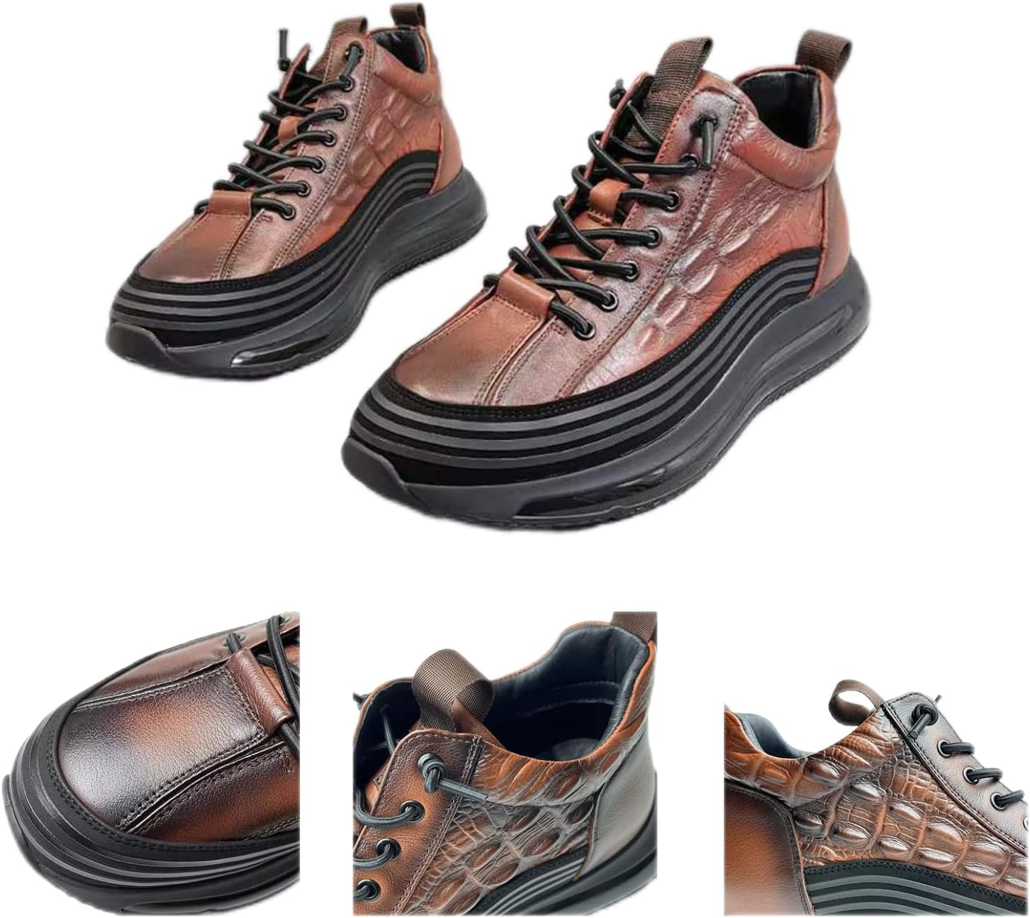 

Мужские модные кожаные кроссовки - слипоны из коровьей кожи с крокодиловым принтом, повседневные туфли с нескользящей подошвой с воздушной подушкой, удобные обувь для ходьбы с эффектом увеличения роста Generic, коричневый