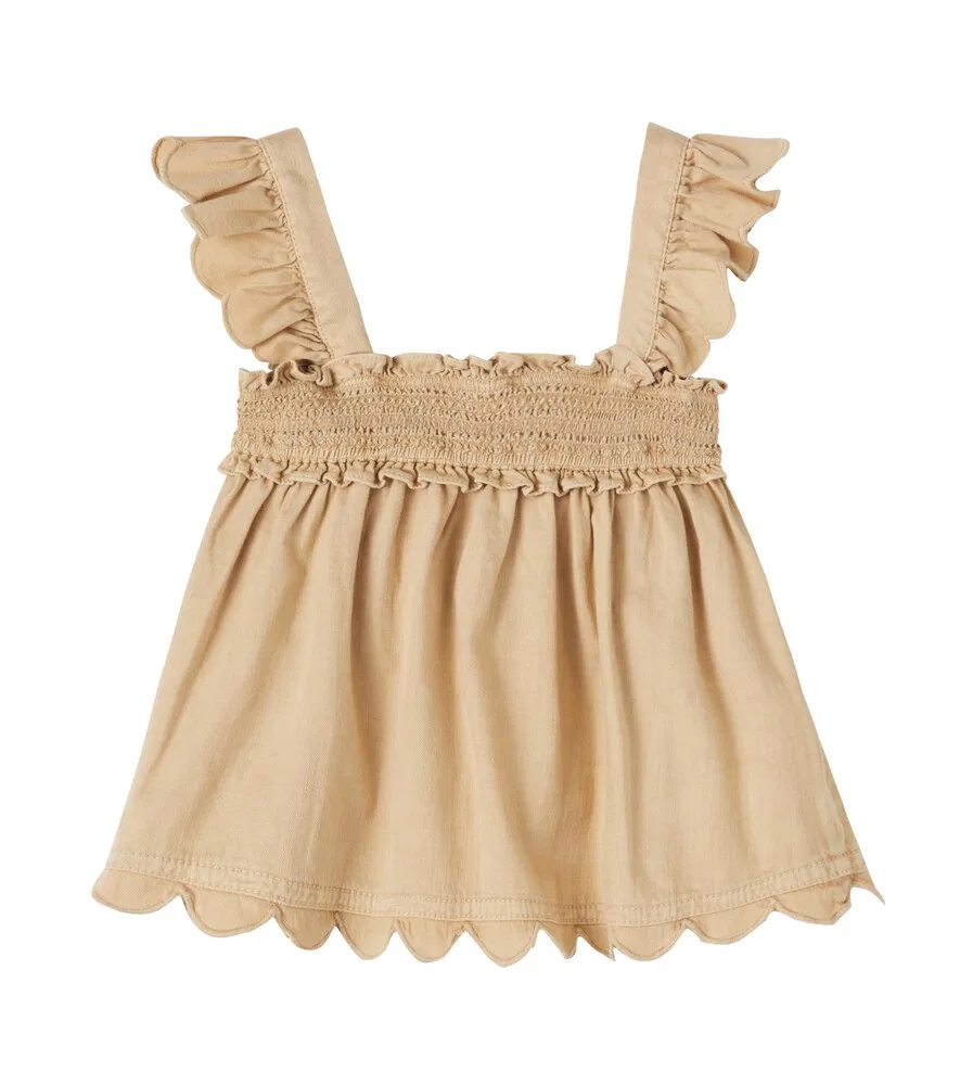 Хлопковый топ с оборками и фестончатым краем Zimmermann Kids, бежевый — фото 4
