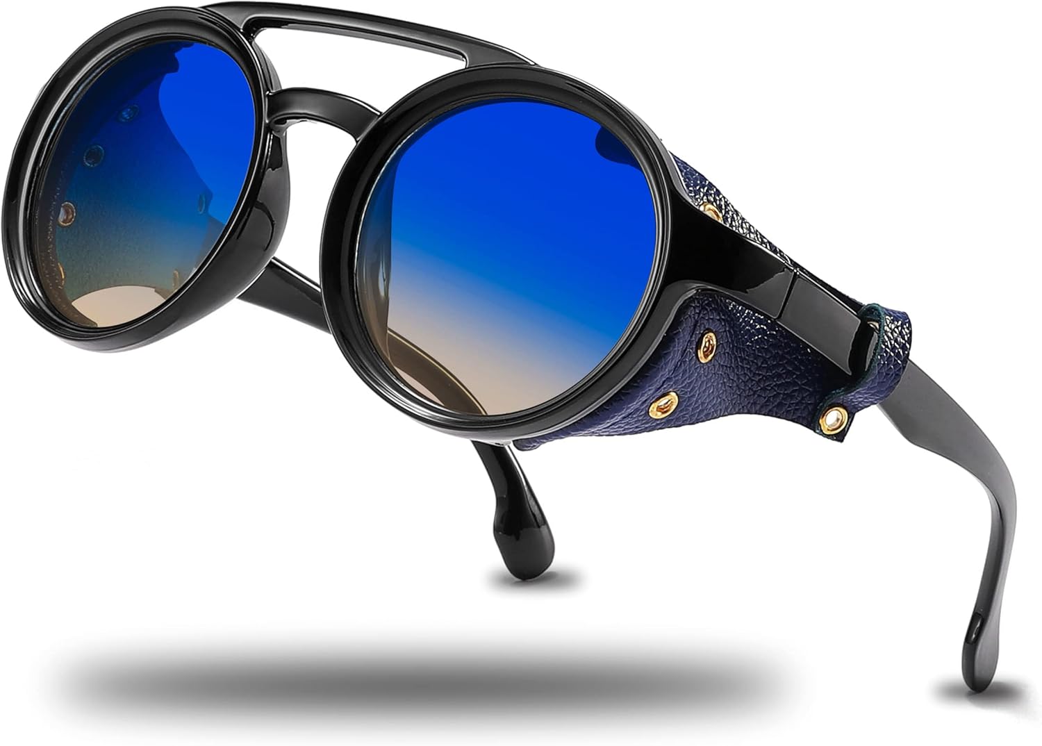 

Солнцезащитные очки Technigadgets Finnegan в стиле стимпанк и ретро для мужчин и женщин с кожаной боковой защитой, двойной перемычкой и пластиковой оправой. Подарок для мужчин, Polarized Blue