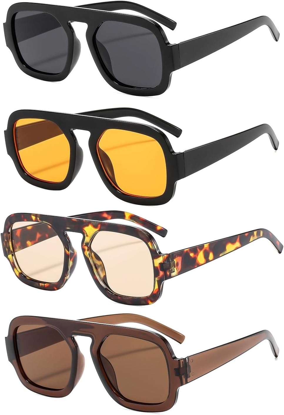 

4 пары модных квадратных солнцезащитных очков-авиаторов для женщин и мужчин, с плоской оправой, в стиле ретро 70-х, винтажные солнцезащитные очки ISIUINN, Black+orange+tortoise Light Brown+brown