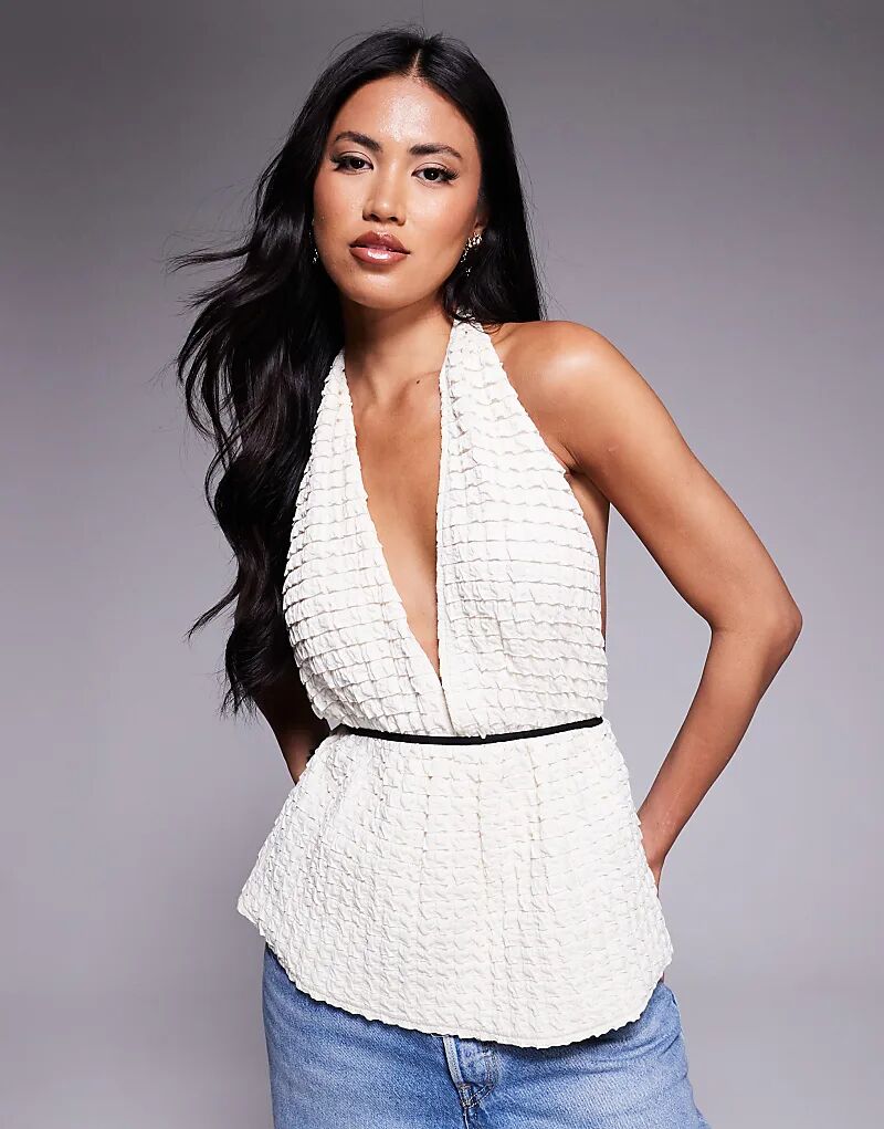 

Топ River Island с текстурированной отделкой в ​​виде завязок и воротником-халтер кремового цвета