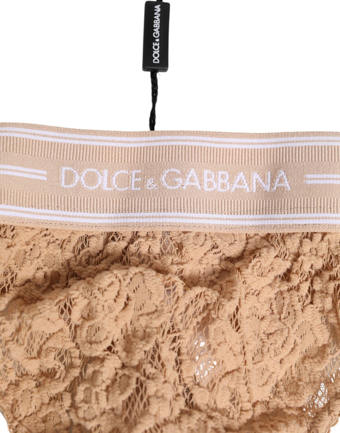 Бежевые кружевные трусики-танга с логотипом и эластичной талией Dolce & Gabbana, бежевый — фото 2