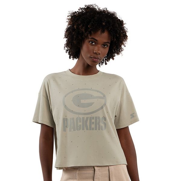 

Женская футболка Boxy Cropped цвета хаки Green Bay Packers с пайетками Starter