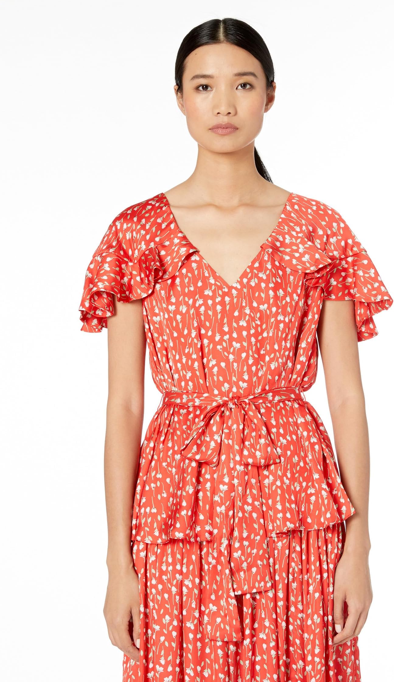 

Платье ML Monique Lhuillier Printed Top with Ruffled Sleeves, цвет Cayenne Multi