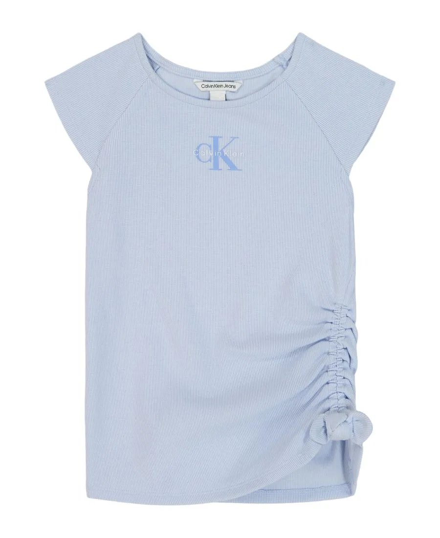 Детская футболка CK с присборенными боками и круглым вырезом, размер 7-16 Calvin Klein, светло-голубой — фото 3