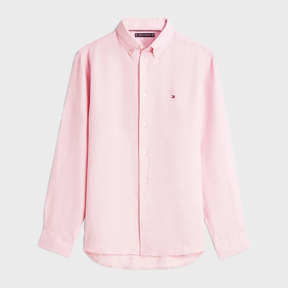 Мужская однотонная рубашка Regular Fit из пигментированного льна, розовая, от Tommy Hilfiger