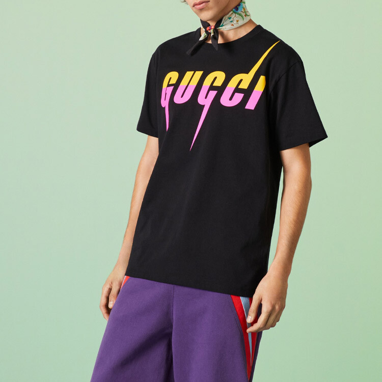Футболка мужская Gucci, хлопковая, черный / желтый / розовый — фото 4