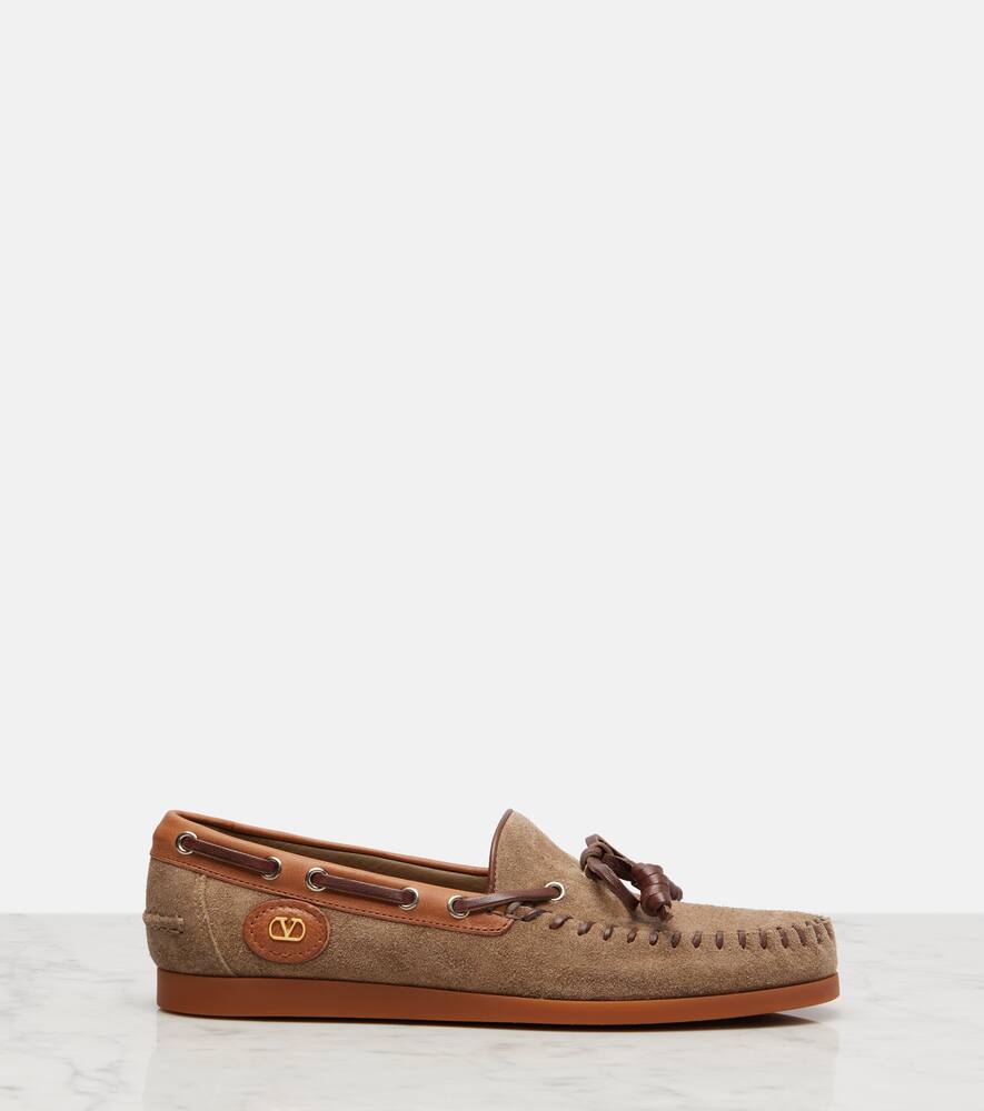 Повседневные замшевые мокасины Palm Avenue с логотипом V Valentino Garavani, Dark Khaki-Tobacco/Bark Brown — фото 4