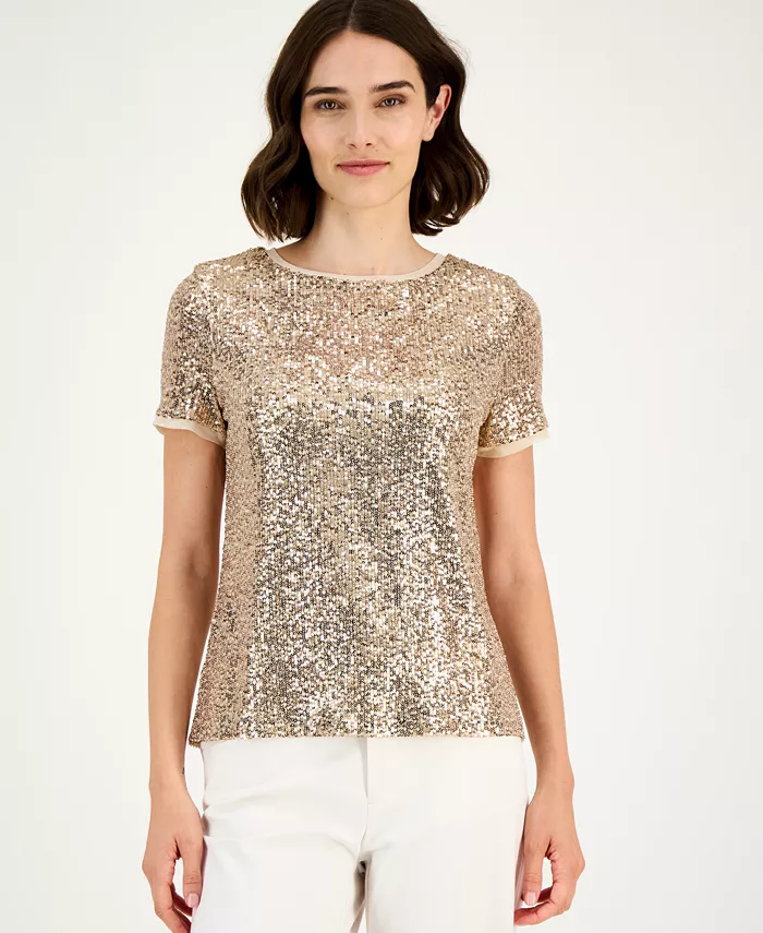

Женская футболка с пайетками Anne Klein, коричневый/бежевый