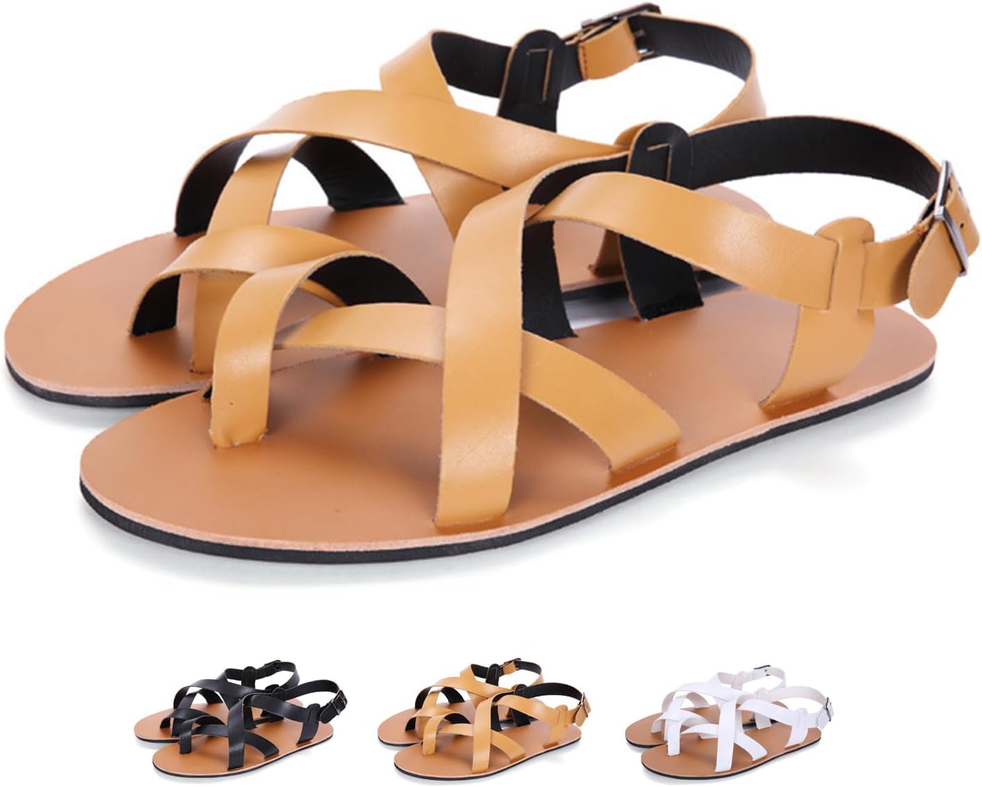 

Мужские кожаные сандалии-гладиаторы с ремешком и вырезами, регулируемый пряжкой, летние повседневные сандалии с перекрестными ремешками, низкие плоские римские сандалии для улицы и пляжа Zeberfi, желтый