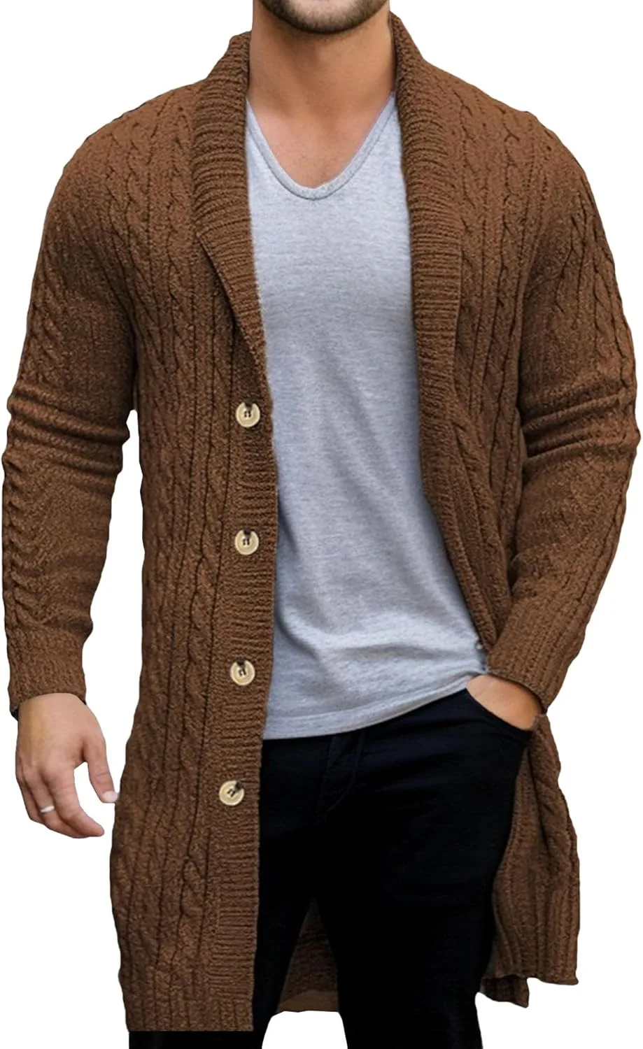Мужской длинный кардиган вязаный, Slim Fit, с воротником-шалью