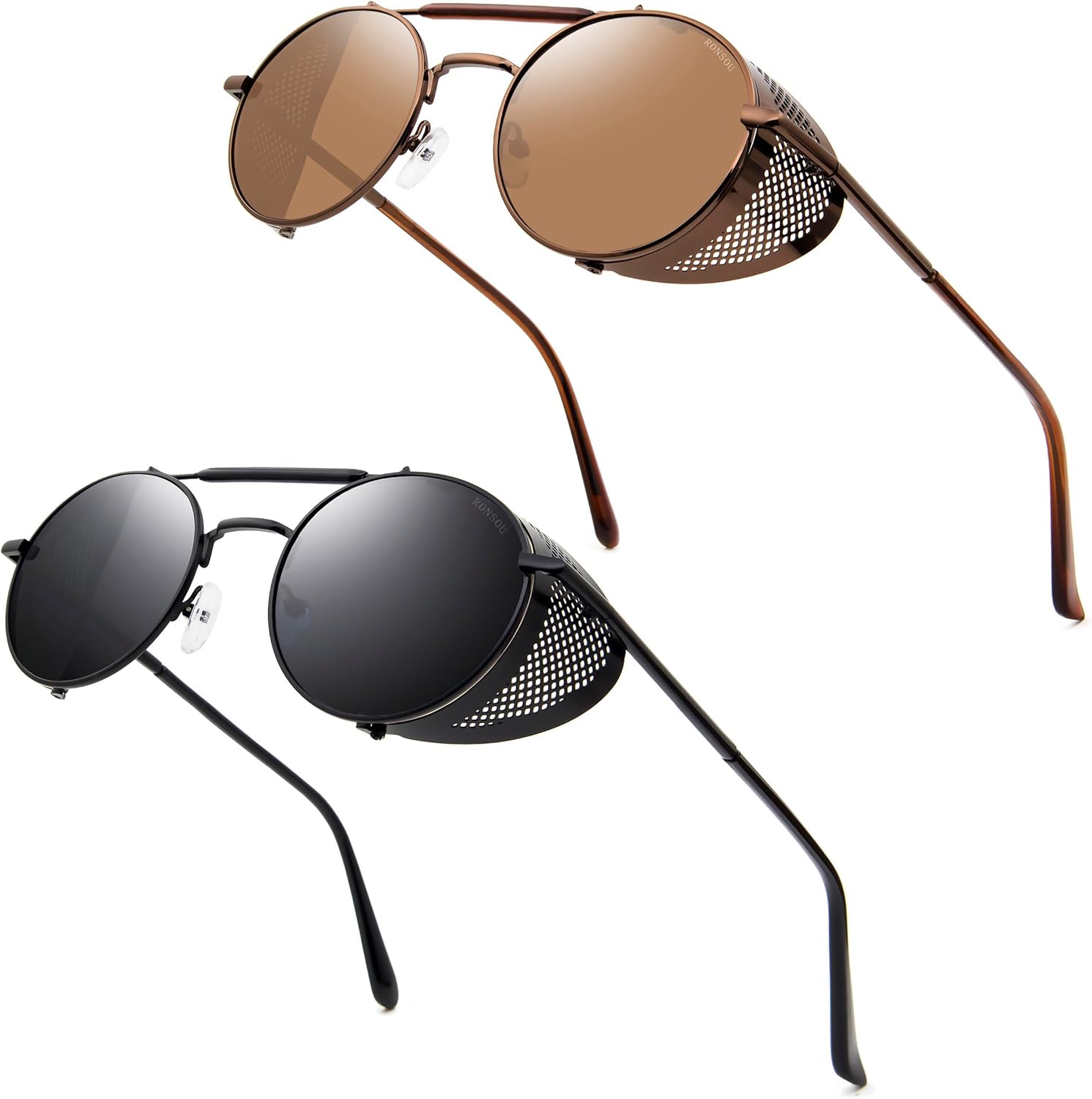 

Солнцезащитные очки RONSOU в стиле стимпанк, круглые, винтажные, поляризованные, ретро, ​​защита UV400, металлическая оправа, A10 2pcs Black Frame Grey Lens + Brown Frame Brown Lens (Both Non Polarized)