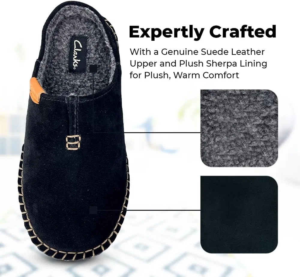Мужские замшевые тапочки Clarks с открытой пяткой и плотной строчкой, модель JMS0752, с плюшевой подкладкой из искусственного меха шерпа, для дома и улицы, Black — фото 4