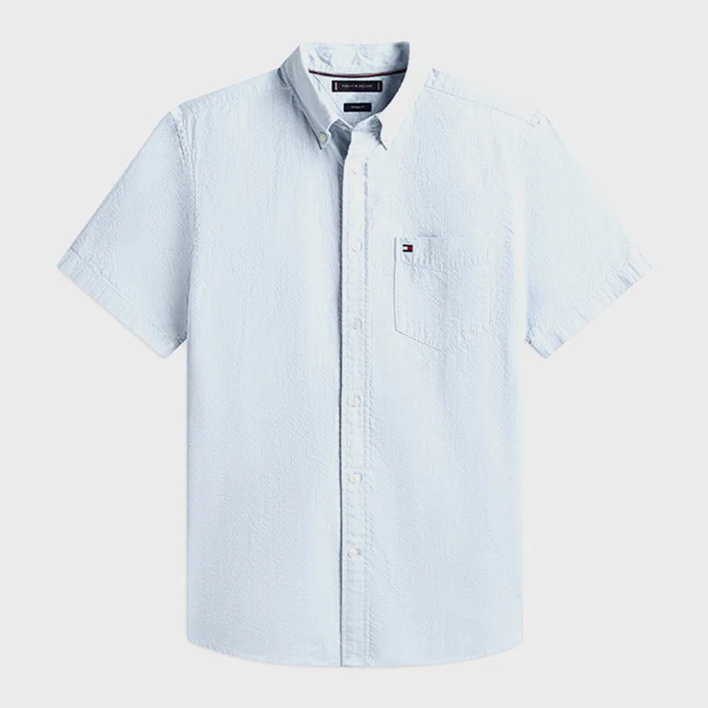 Мужская однотонная рубашка из сирсакера Asian Fit, синяя, от Tommy Hilfiger