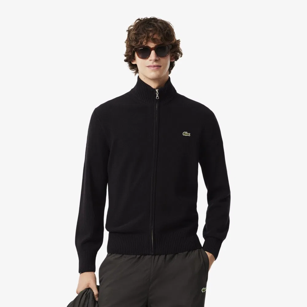 Мужской шерстяной кардиган на полной молнии чёрный от Lacoste